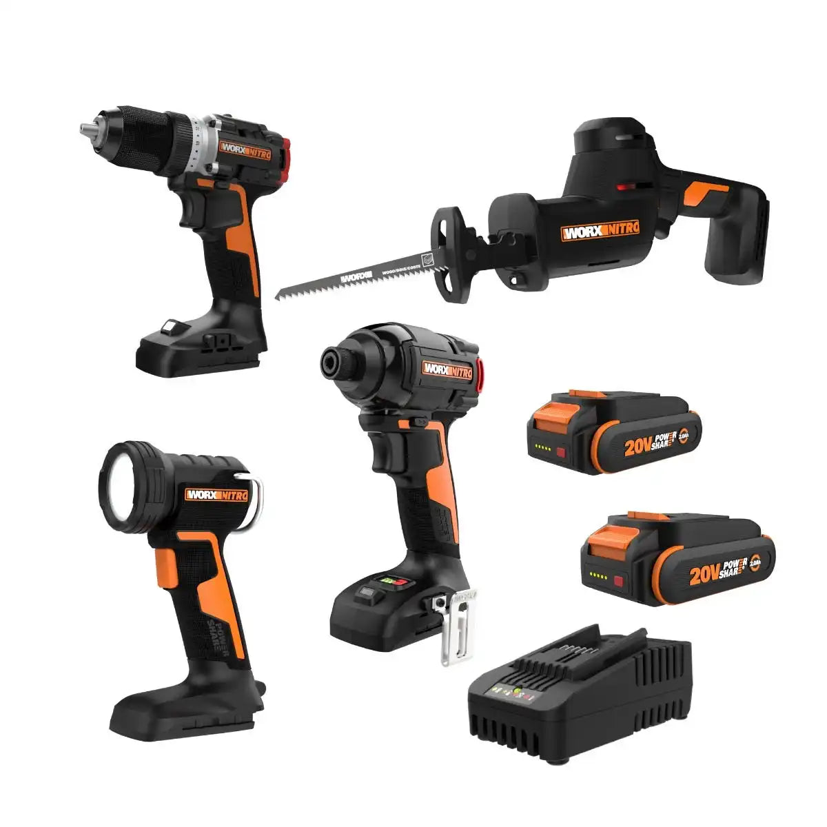 Nitro 20V Impact Driver, Drill/Driver, Reciprocating Saw, and LED Work Light Combo Kit